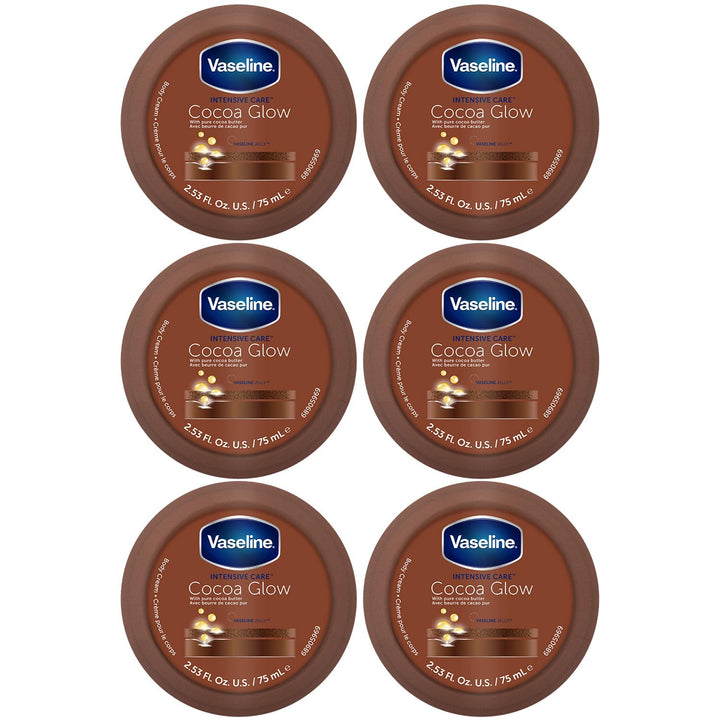 Vaseline Cocoa Glow Body Cream 6-Pack – Pure Cocoa Butter 48H Moisturizing Cream for Dry Skin, Travel-Size, 2.53 Fl Oz Ea