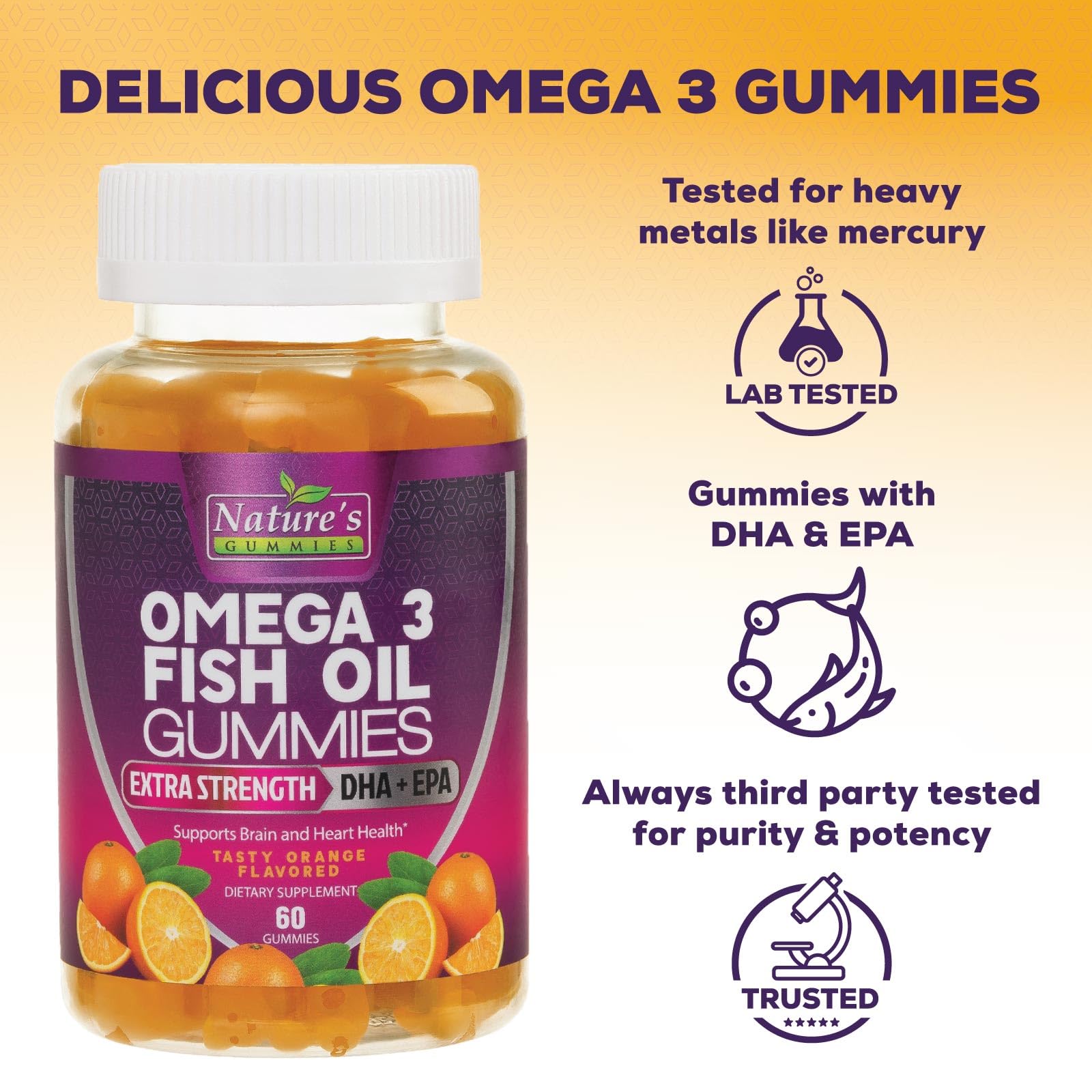 Omega Fish Oil Gummies - Delicious Orange Flavor Fish Oil Omega 3 Supplements with Heart Healthy EPA & DHA Fatty Acids for Heart, Joint & Brain Support - Omega 3 Fish Oil Gummy Vitamins - 60 Gummies