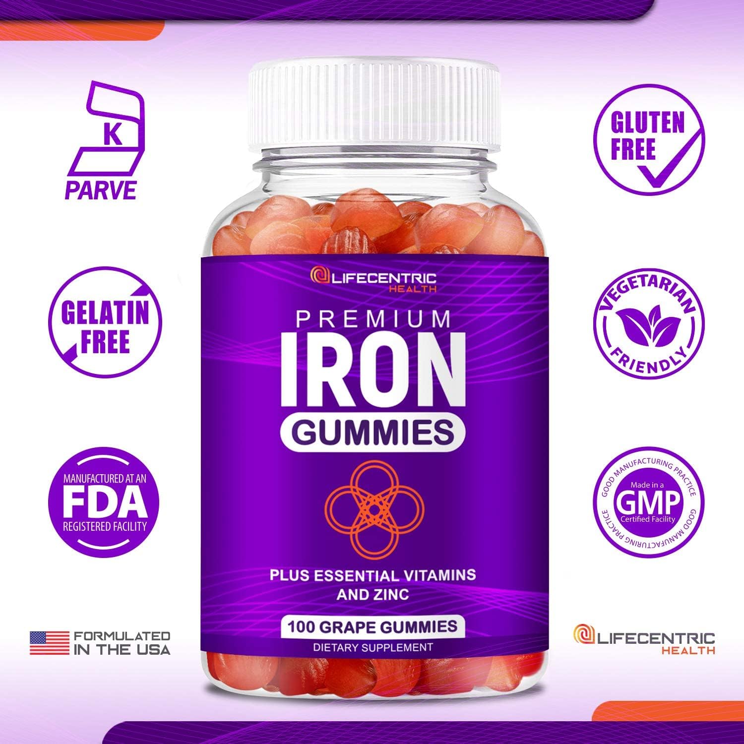 LifeCentricHealth Iron Gummies for Adults & Kids | Biotin Zinc Vitamin B Folic Acid Gummies | Vegan Gluten Free Blood Builder Anemia Supplements | Tasty Energy Boosting Iron Supplement for Women & Men