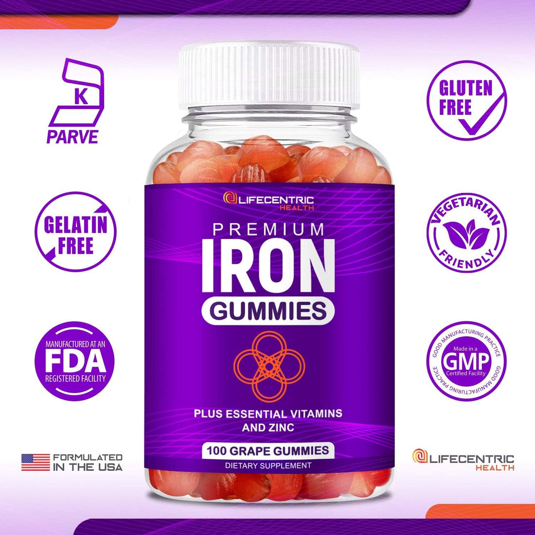 LifeCentricHealth Iron Gummies for Adults & Kids | Biotin Zinc Vitamin B Folic Acid Gummies | Vegan Gluten Free Blood Builder Anemia Supplements | Tasty Energy Boosting Iron Supplement for Women & Men