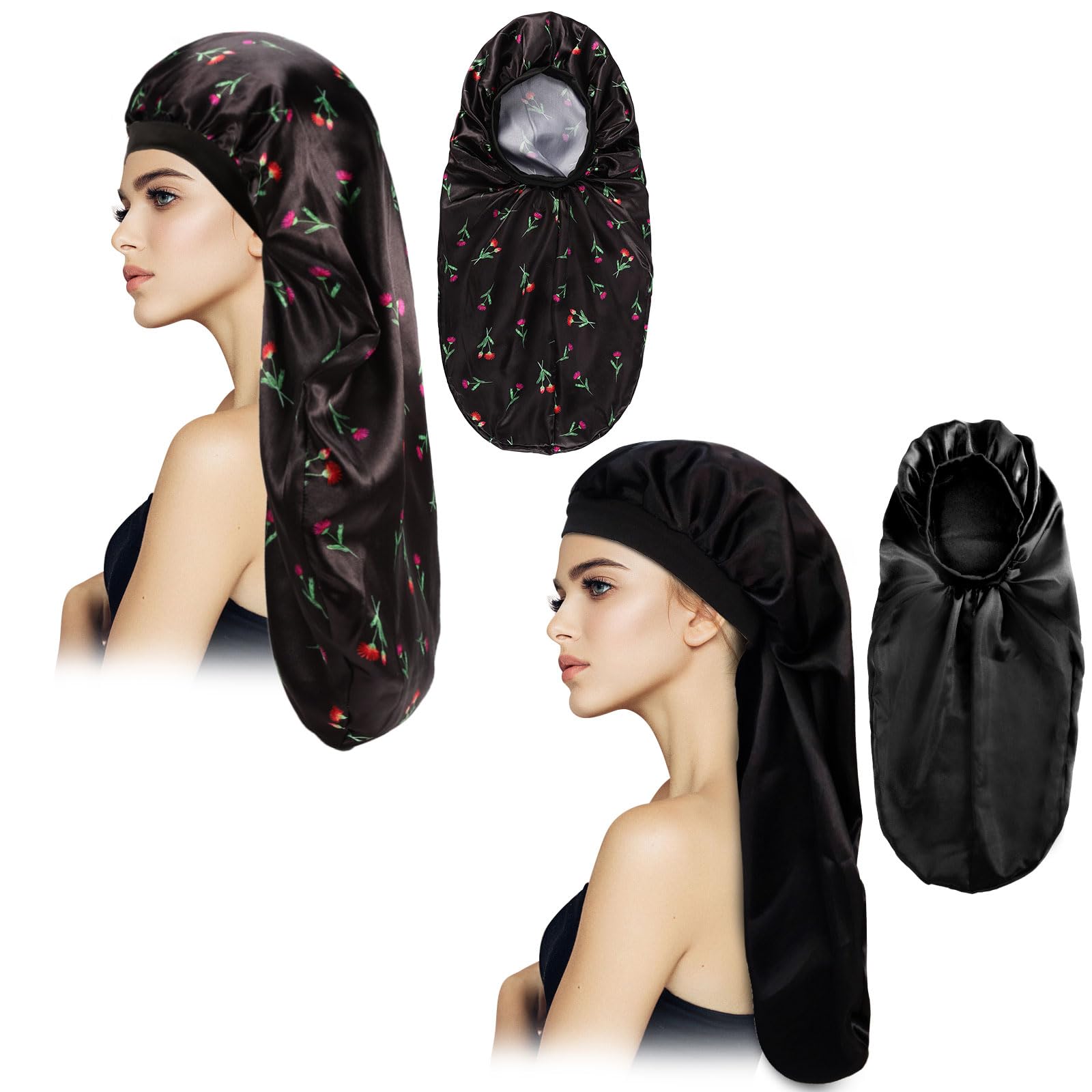 2Pcs Long Satin Bonnet Sleep Cap,Extra Large Braids Bonnets for Sleeping,Long Hair,Soft&Comfortable Elastic Band Bonnets for Women Night Sleep,Hair Bonnets for Women Satin (Black+Green Pattern)