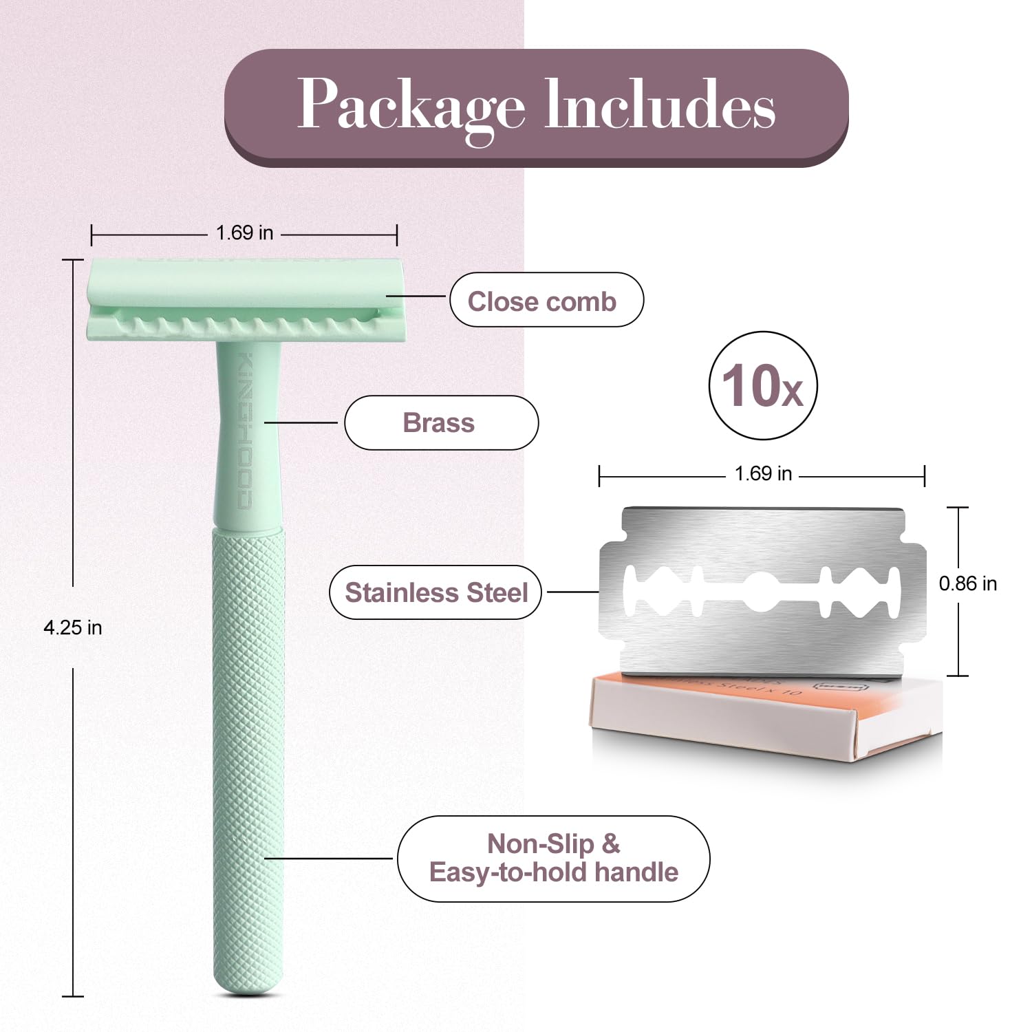 KINGHOOD Brass Safety Razor with 10 Blades,One Blade Razor Reusable Razor Eco-Friendly Razor Long Handle & Weighted Razor,Double Edge Razor Single Blade Razor for Sensitive Skin