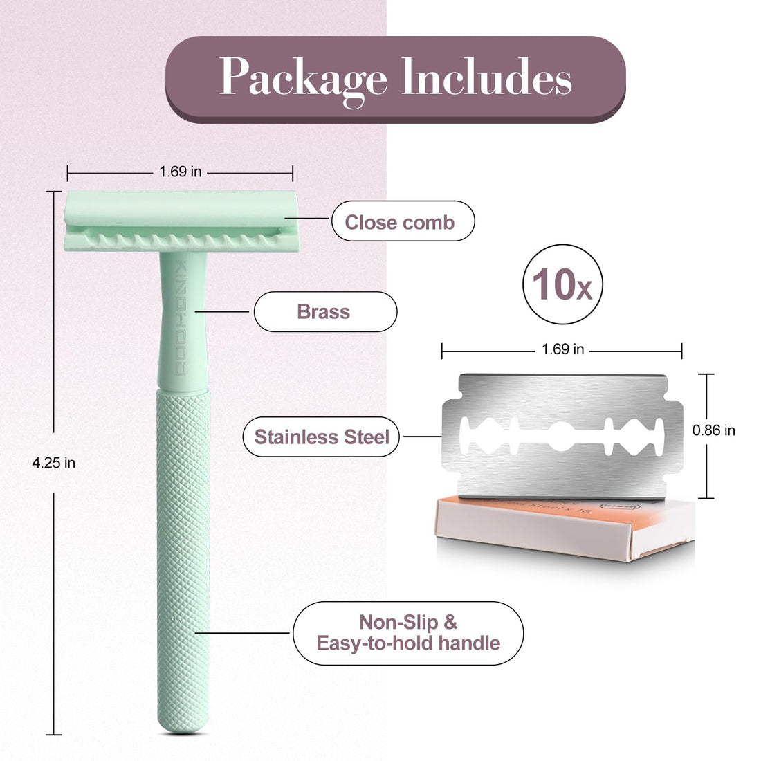 KINGHOOD Brass Safety Razor with 10 Blades,One Blade Razor Reusable Razor Eco-Friendly Razor Long Handle & Weighted Razor,Double Edge Razor Single Blade Razor for Sensitive Skin