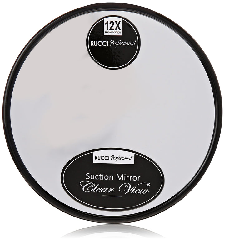 Vanity Mirror with 2 suction cups. Has a powerful 12x magnification for a more intricate view. 5 DIAMETER. PERFECT FOR EYEBROW TWEEZING AND EASY TO TRAVEL WITH FOR EVERYDAY USE.
