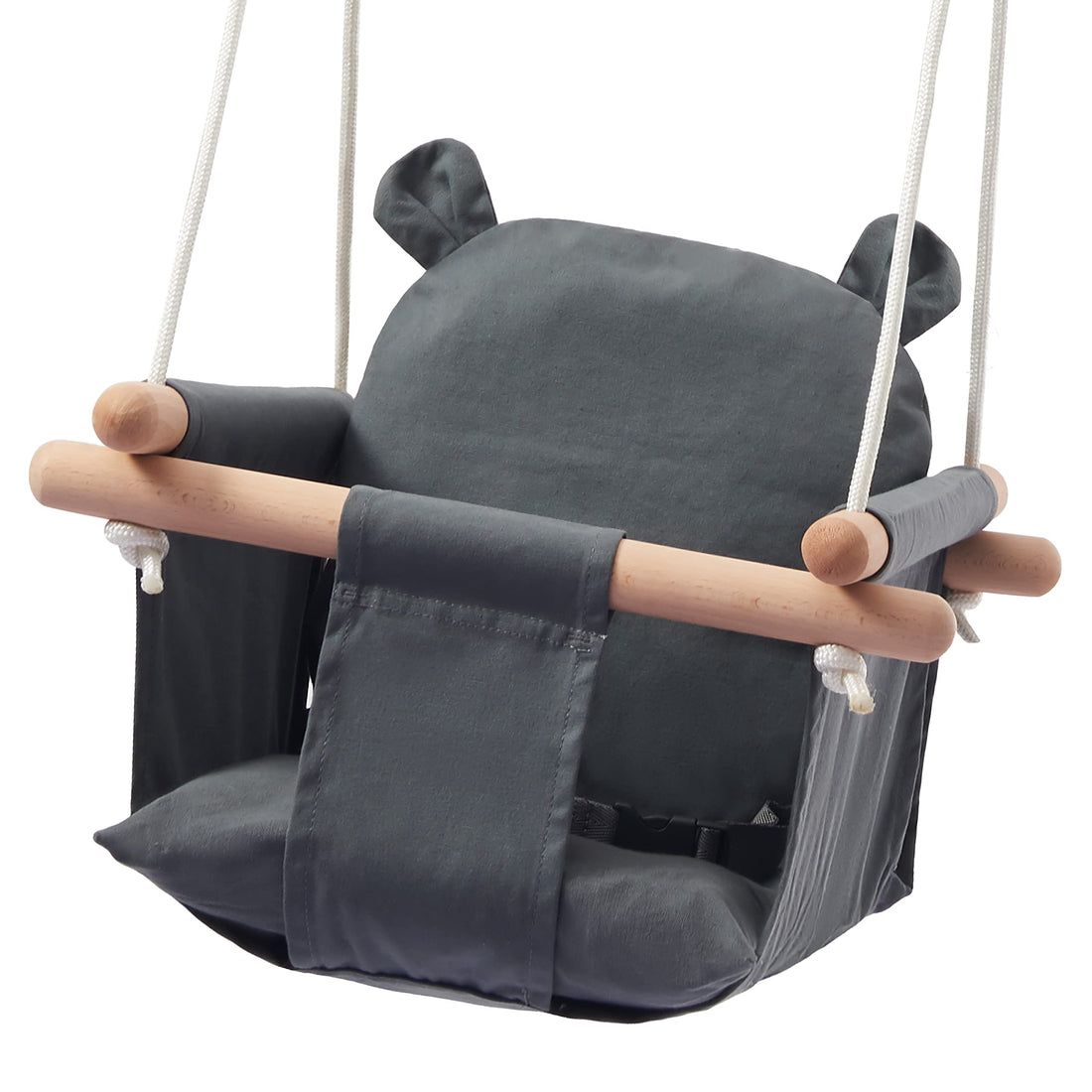 Secure Baby Swing Seat with Safety Belt - Baby Canvas and Wooden Swing Chair with Ear Décor Cushion - Hanging Indoor Swing for Infants & Baby Swing Outdoor - Tree Toddler Swing for Backyard Outside