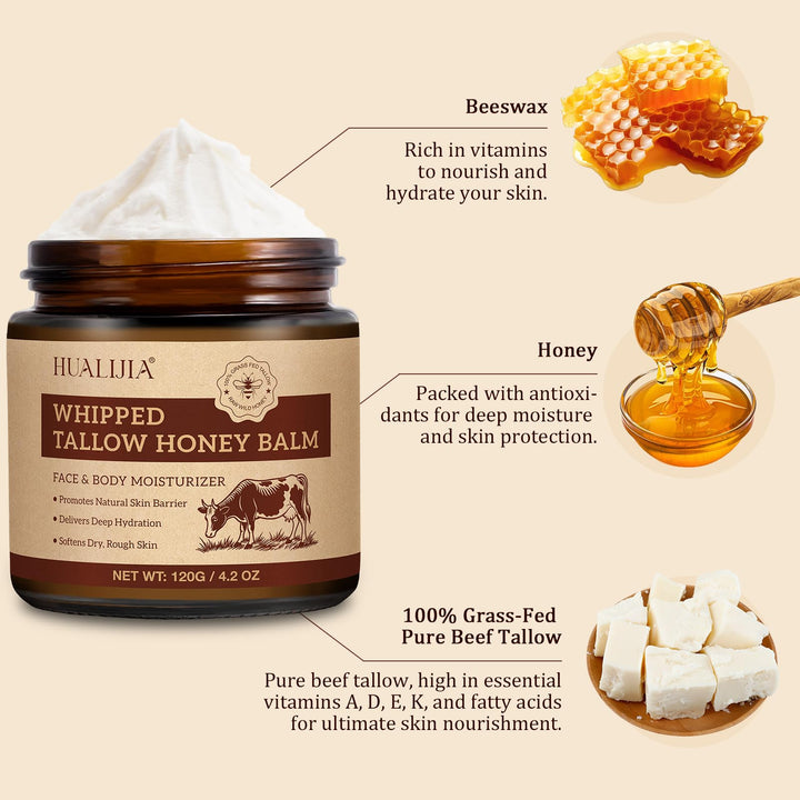 NIFEISHI Tallow and Honey Balm, Grass Fed Beef Tallow for Skin, Whipped Tallow Honey Balm for Face and Body, Organic Moisturizer, Fast Absorption, 120g/4.2 oz