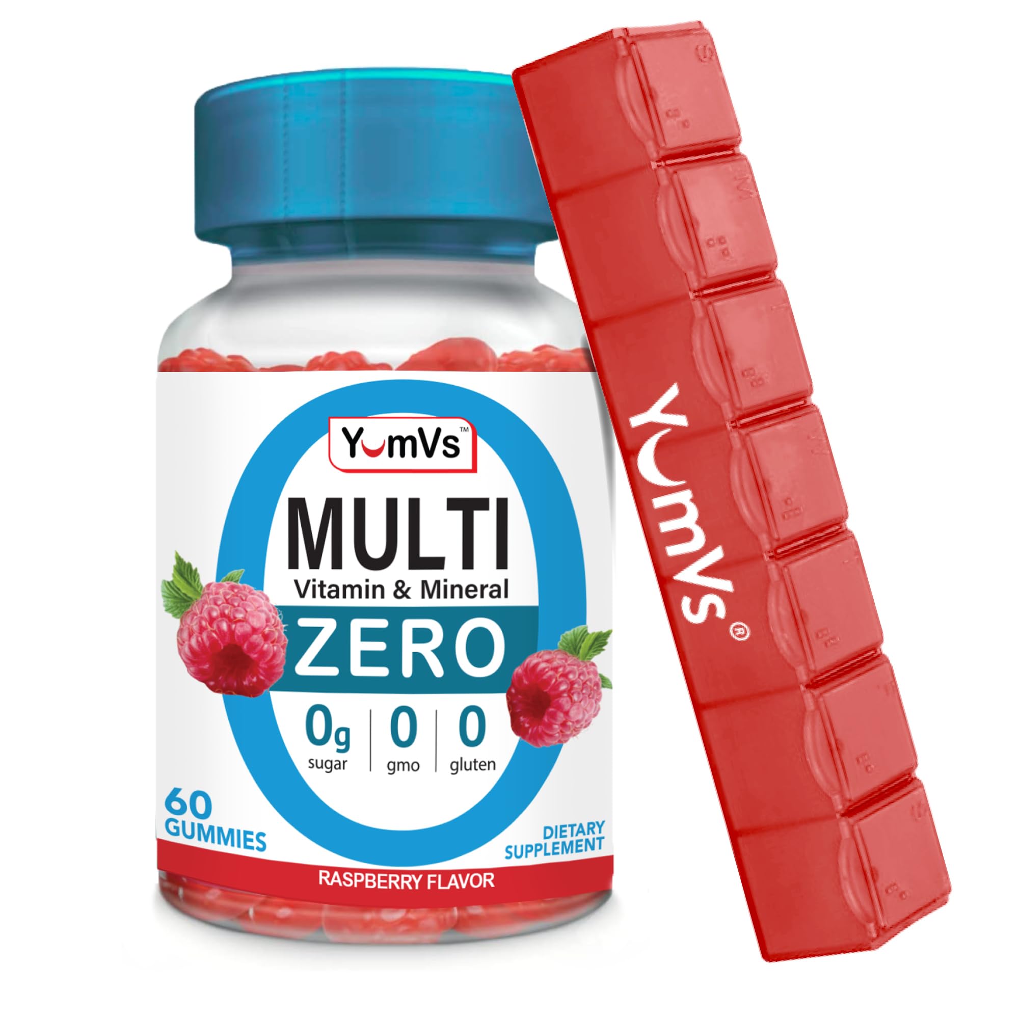 YUM-V'S Multivitamin Zero Gummies by YumVs | Sugar-Free Vitamins Supplement for Women & Men | Chromium, Thiamine, and Magnesium | Natural Raspberry Flavor Chewables - 60 Count - Red Pillbox
