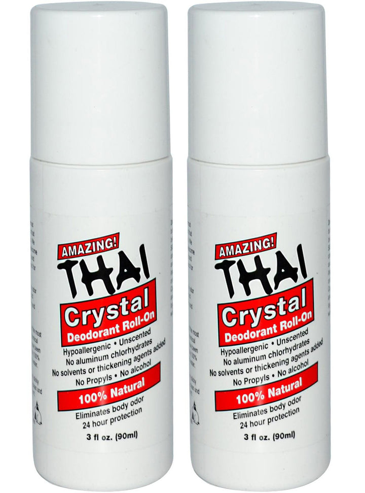 Thai Crystal Deodorant Stone All Natural Roll-On Deodorant For Body, Face and Feet -- Unscented, Aluminum Free & Organic With No Aluminum, Solvents, Parabens, Propyls, or Alcohol, 3 fl oz. (Pack of 2)