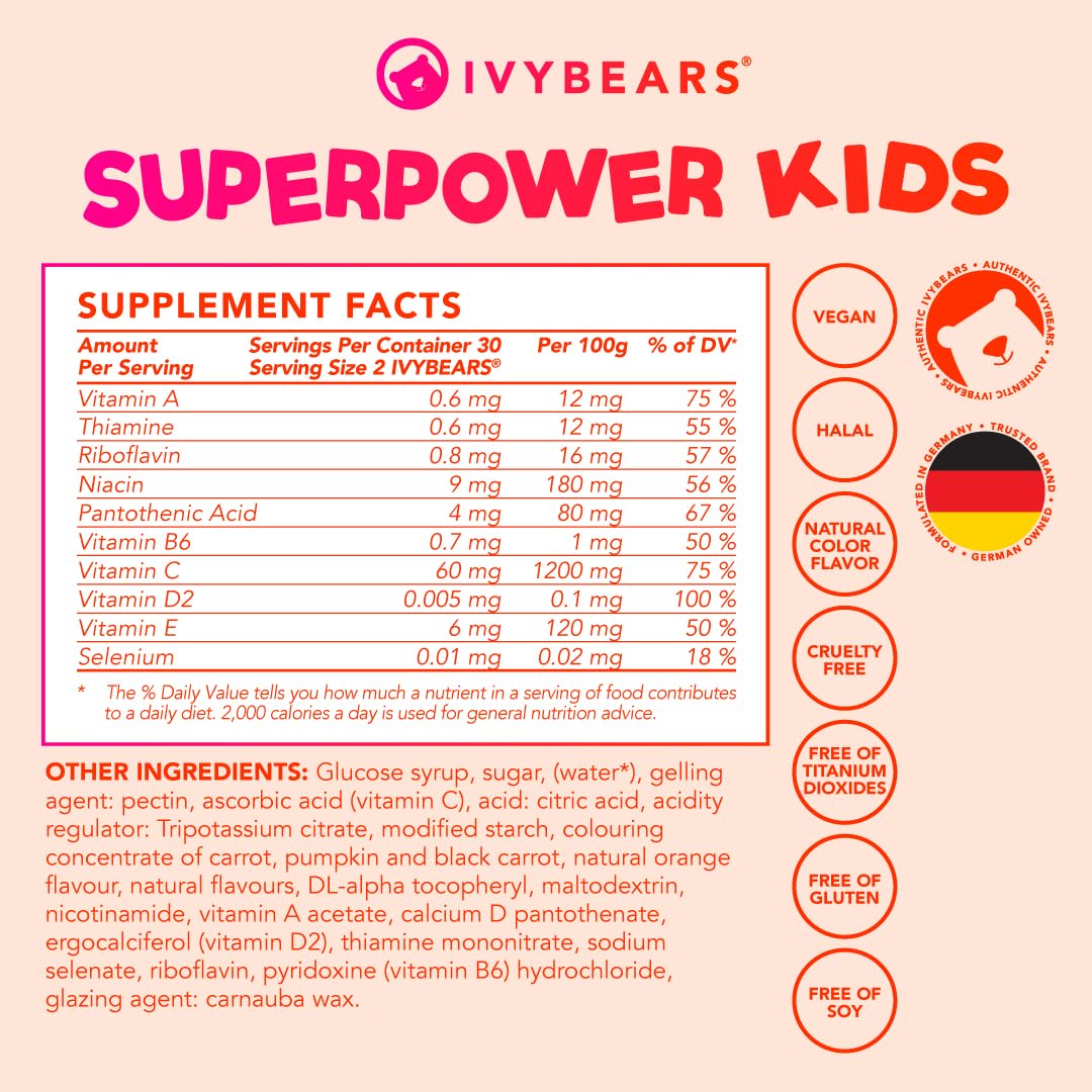 IvyBears Superpower Kids | Berry-Flavored Multivitamins | Vitamin C, D2, B6, and A | Made in Germany with Expert Care