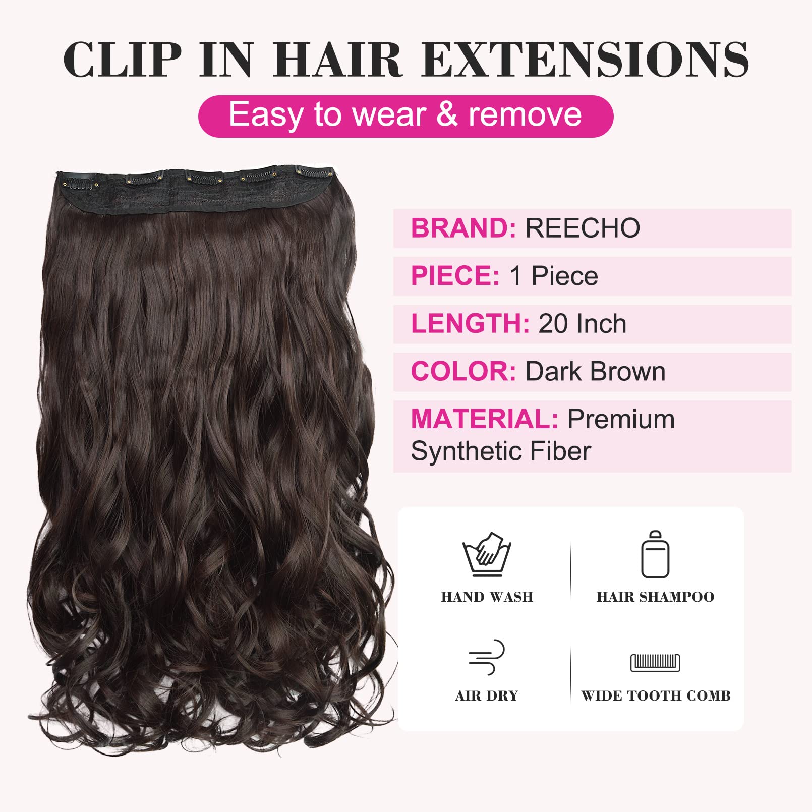 REECHO 20 3/4 Full Head Curly Wave Clips in on Synthetic Hair Extensions Hair pieces for Women 5 Clips 4.6 Oz Per Piece - Dark brown by REECHO