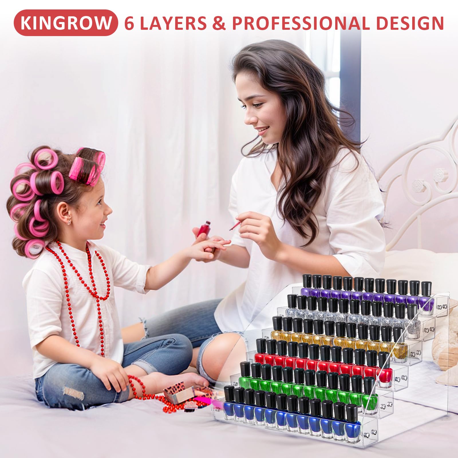 KINGROW Nail Polish Organizer 72 Bottles of 6 Layers Acrylic Display Rack Eyeglasses Storage Essential Oils Holder Makeup Organizer