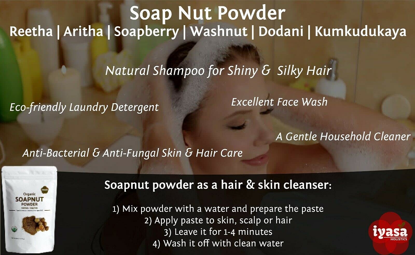 Organic Soapnut Powder, Aritha, Reetha, Natural Skin & Hair Shampoo, Hair Cleanser, Resealable pack of 8 oz