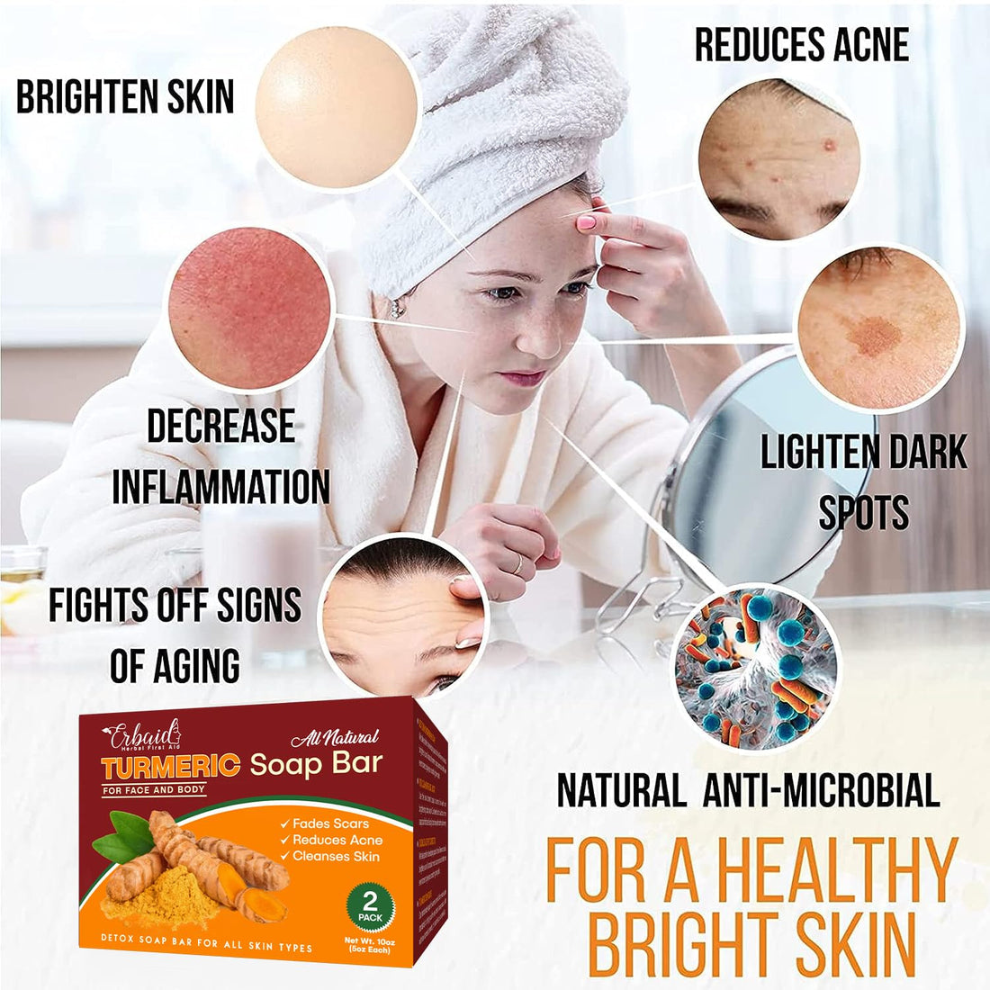 Natural Turmeric Soap Bar for Face & Body – Turmeric Skin Brightening Soap for Dark Spots, Intimate Areas, Underarms – Turmeric Face Wash Reduces Acne – 5oz Turmeric Bar Made in USA (2 Pack)