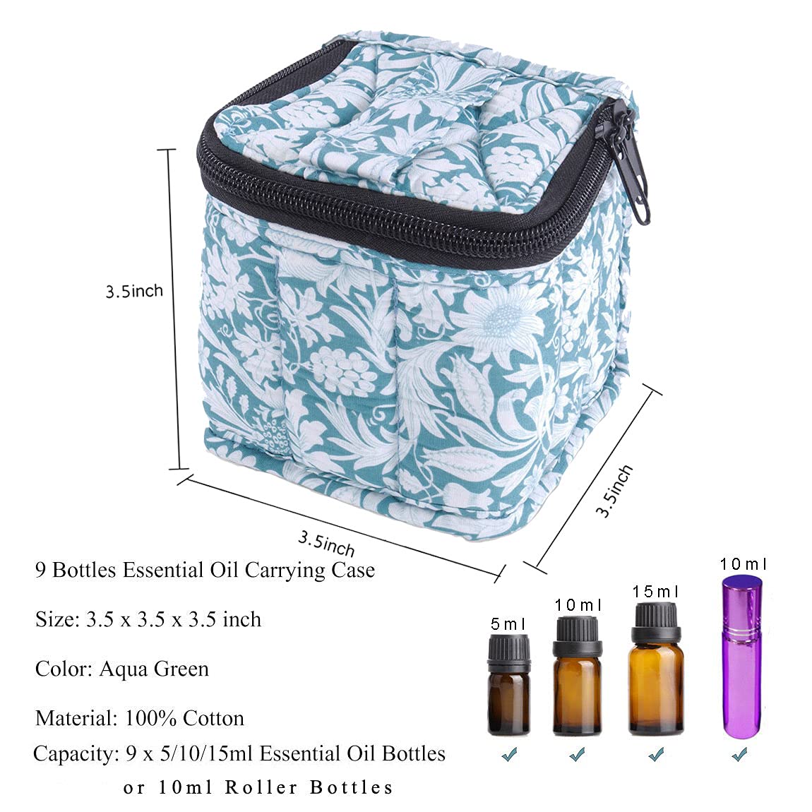 9 Bottles Essential Oil Carrying Case Shockproof Essential Oils Organizer Travel Bag Suitable for 5ml,10ml,15ml Bottles or 10ml Roller Bottles with Portable Handle and Double Zipper (Aqua Green)
