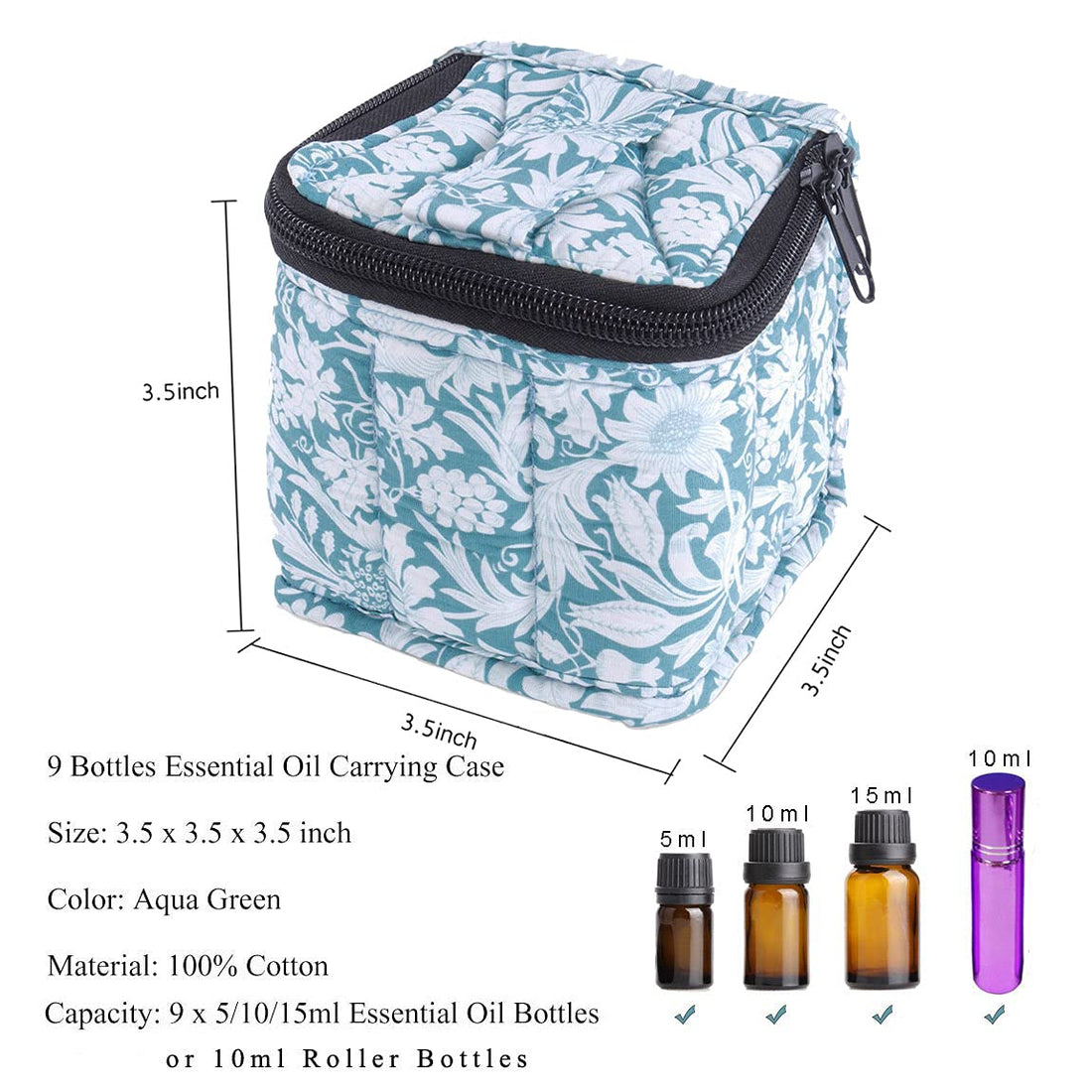 9 Bottles Essential Oil Carrying Case Shockproof Essential Oils Organizer Travel Bag Suitable for 5ml,10ml,15ml Bottles or 10ml Roller Bottles with Portable Handle and Double Zipper (Aqua Green)