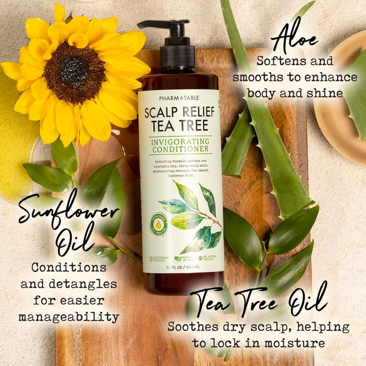 PHARM TO TABLE Tea Tree Conditioner For Men and Women, Hair Detangler and Soothing Scalp Relief - Infused with Tea Tree oil, Sunflower oil, Aloe and Argan oil, 16.2oz