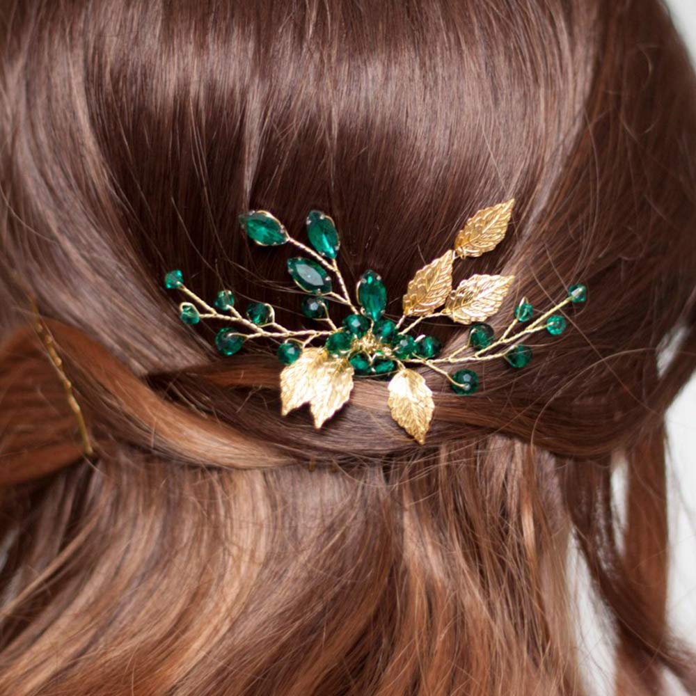Aimimier Bridal Leaf Hair Comb Green Crystal Headpiece Vintage Emerald Wedding Bridesmaid Hair Accessories for Women and Girls