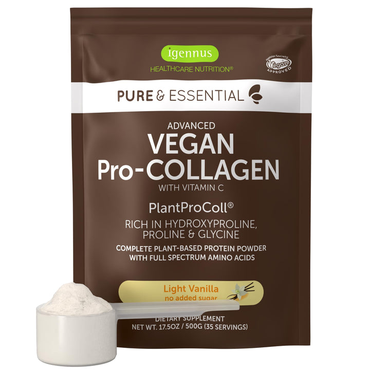 Advanced Vegan Vanilla Collagen Peptide Powder, Enhanced with Glycine, Proline & Hydroxyproline & Cofactor Vitamin C, Non GMO, Vegetarian Plant Based Collagen Powder Booster, 35 Servings, by Igennus