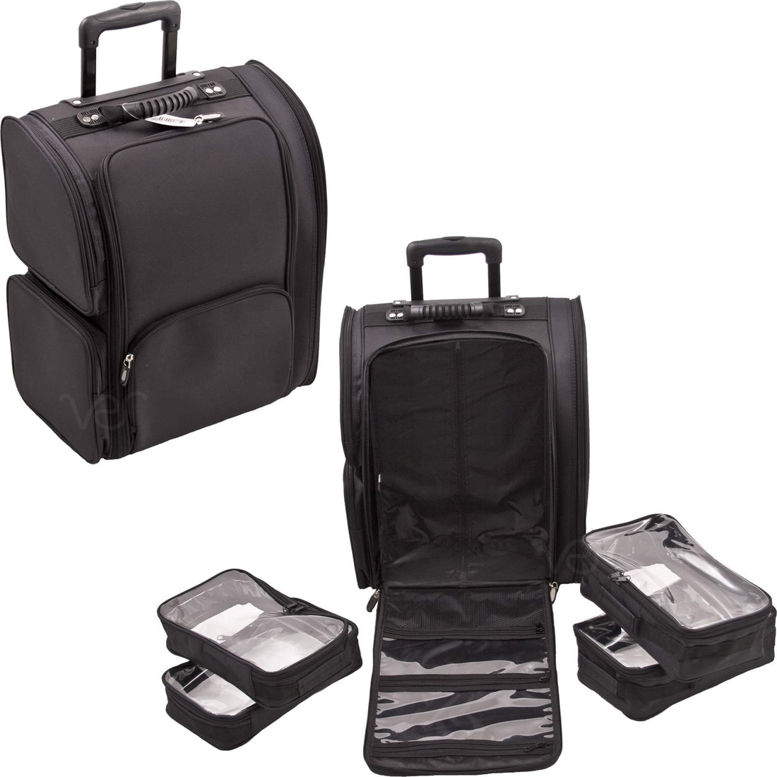 Sunrise High Quality Nylon Professional Soft Sided Rolling Makeup Case with Pouches in Black