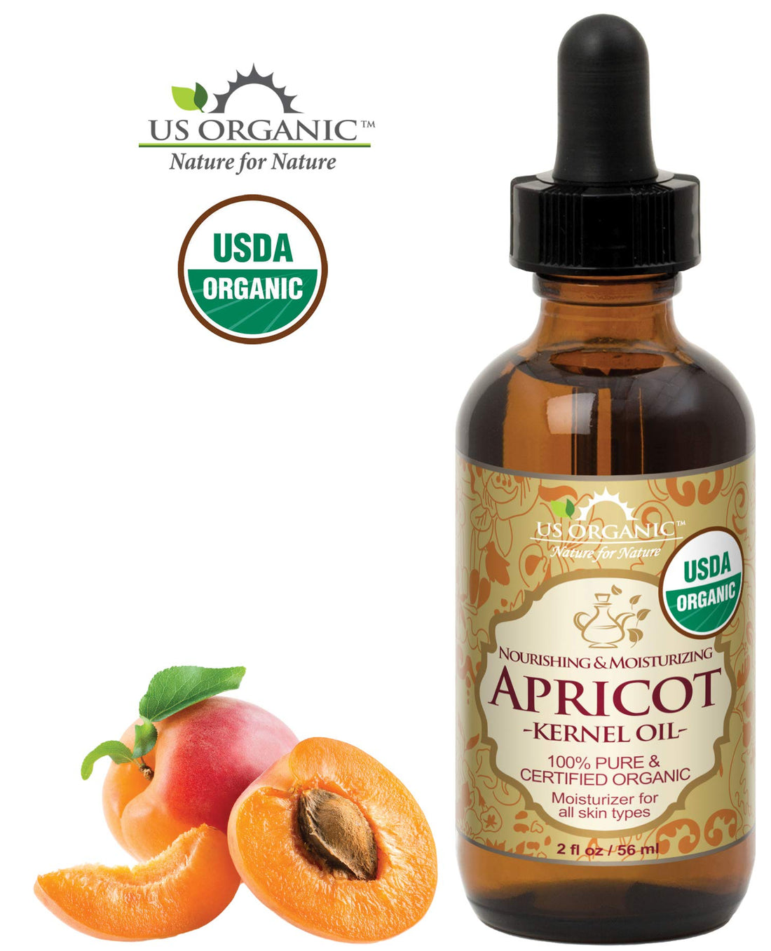 US Organic Apricot Kernel Oil, USDA Certified Organic,100% Pure & Natural, Cold Pressed Virgin, Unrefined in Amber Glass Bottle w/ Glass Eyedropper for Easy Application (2 oz (56 ml))