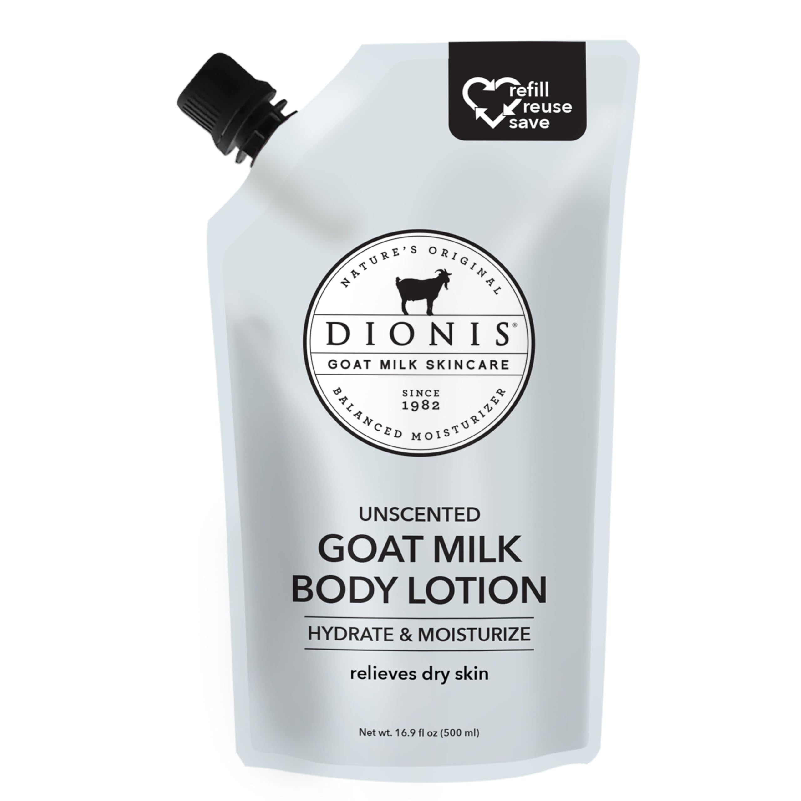 Dionis Goat Milk Skincare Body Lotion 16.9oz Refill Pouch, Cruelty Free Clean Ingredients & Dermatologist Tested Lotion for Dry Skin, Hydrating & Deeply Moisturizing Rich in Vitamins, Unscented