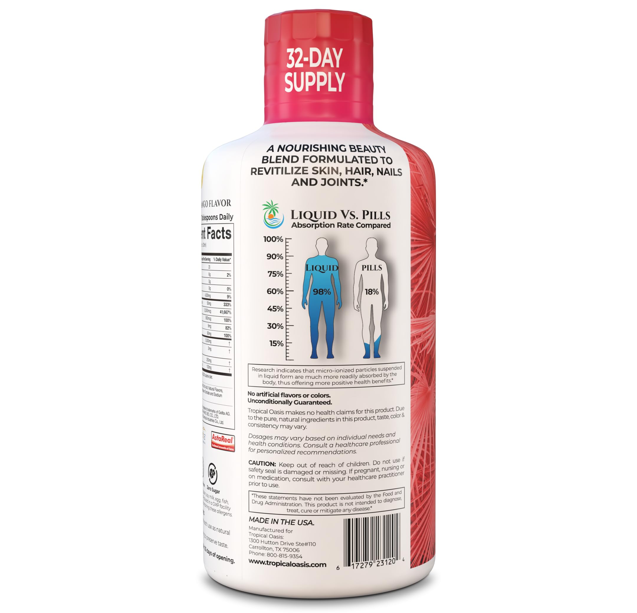 Tropical Oasis Liquid Collagen for Women & Men– 5000mg VERISOL Hydrolyzed Collagen Peptides + Biotin | Supports Skin Elasticity, Hair Growth, Strong Nails | Clinically Studied Ingredients| 32 Serv