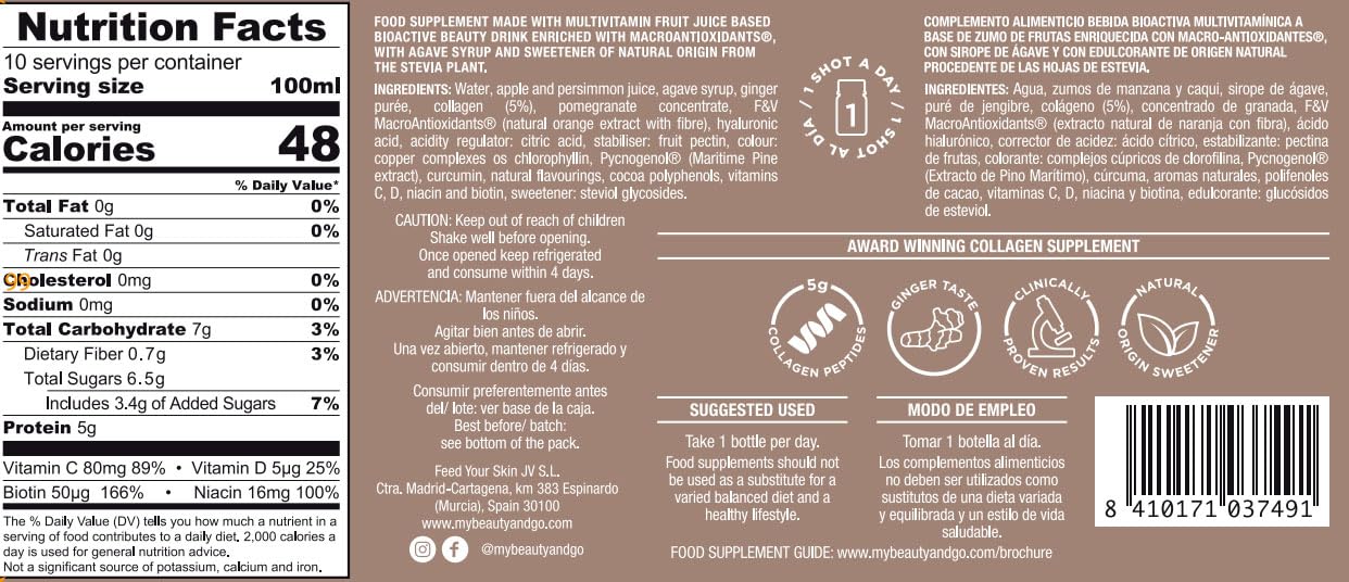 Beauty&GO Skin Shot - 10 Bottles x 100ml - Liquid Collagen Supplement - Anti-ageing Beauty Drink with Collagen 5000 mg, Hyaluronic Acid, Biotin, Niacin, Antioxidants, Vitamins and Minerals.