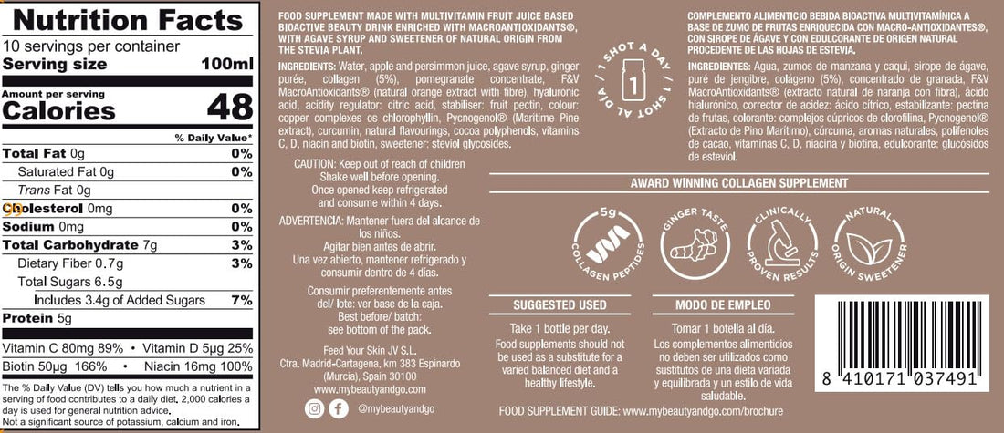 Beauty&GO Skin Shot - 10 Bottles x 100ml - Liquid Collagen Supplement - Anti-ageing Beauty Drink with Collagen 5000 mg, Hyaluronic Acid, Biotin, Niacin, Antioxidants, Vitamins and Minerals.