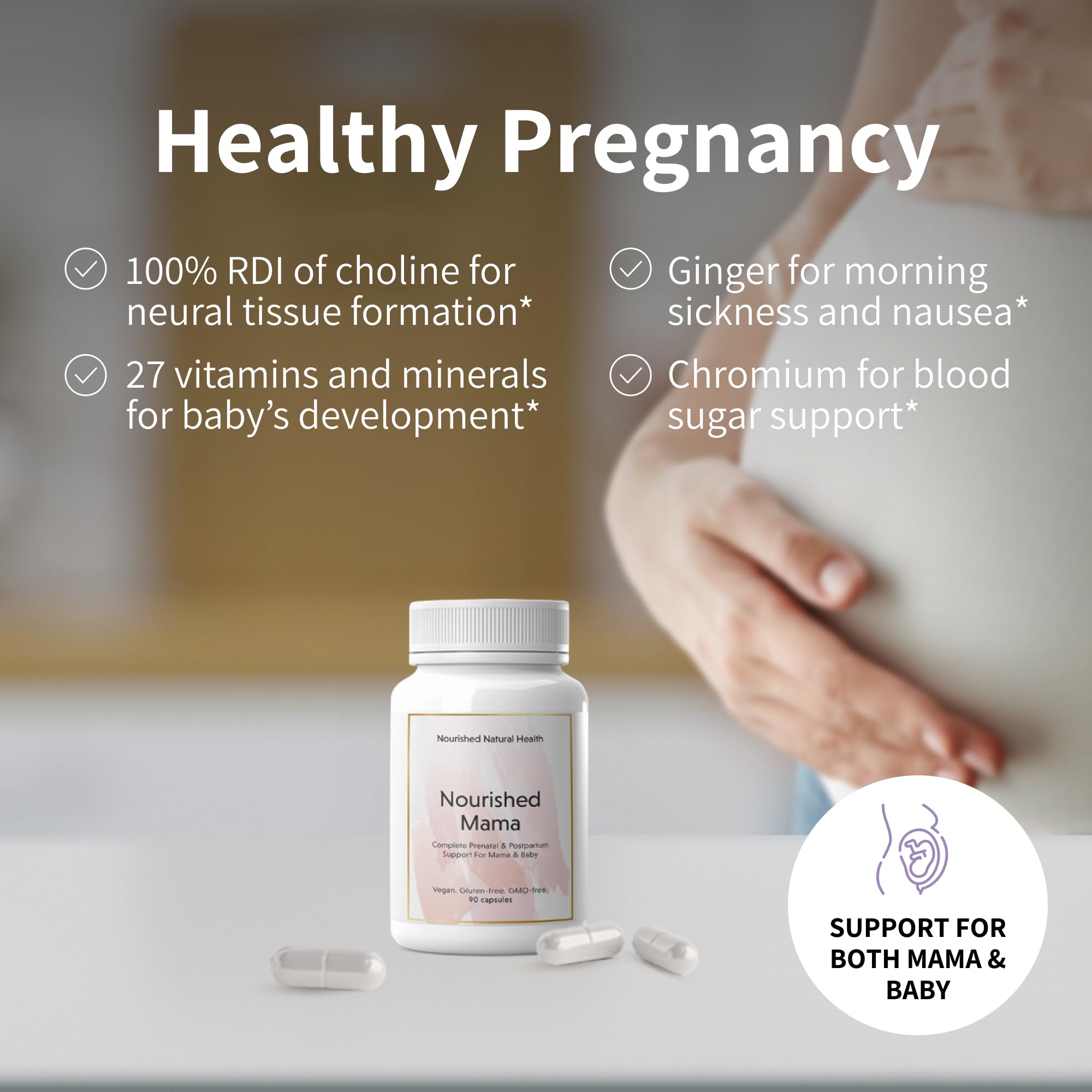 Nourished Mama Prenatal Multi Vitamin - Vegan Multivitamin for Preconception, Pregnancy, Postpartum and Breastfeeding Support - Iron-Free with Methylated Folate & High Dose Choline - 90 Capsules