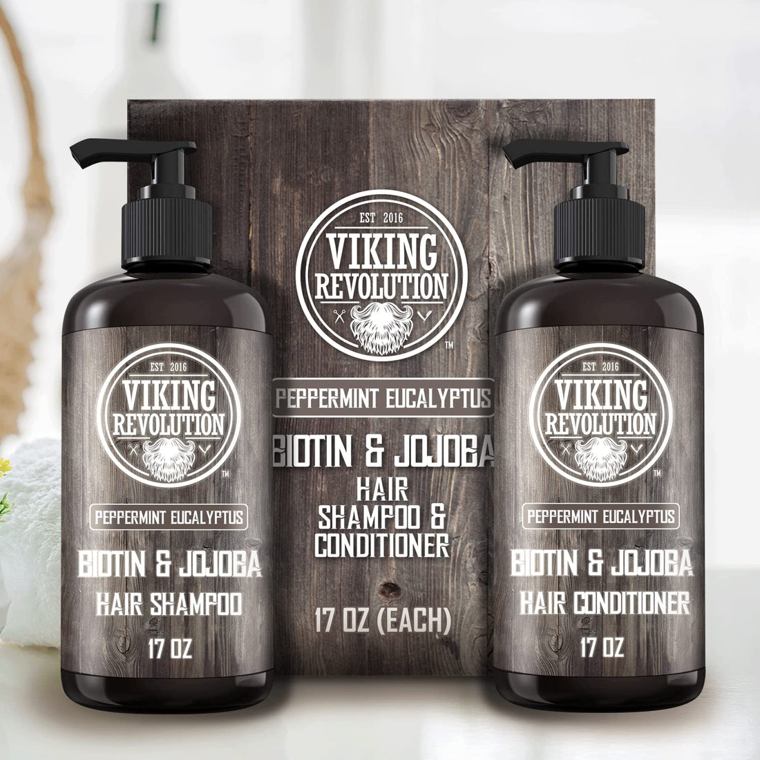 Viking Revolution Biotin Mens Shampoo and Conditioner Set - Eucalyptus Shampoo and Conditioner Set with Jojoba Oil and Mint Oil - Peppermint Oil Hair Conditioner for Men (17 Oz)
