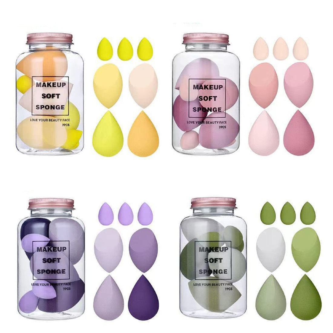 Beauty Makeup Sponge 7pcs Puff Teardrop Blender Foundation Sponge Set With jar Gift Flawless Bottle Design Drift bottle macaron makeup egg Multi-colored, Purple