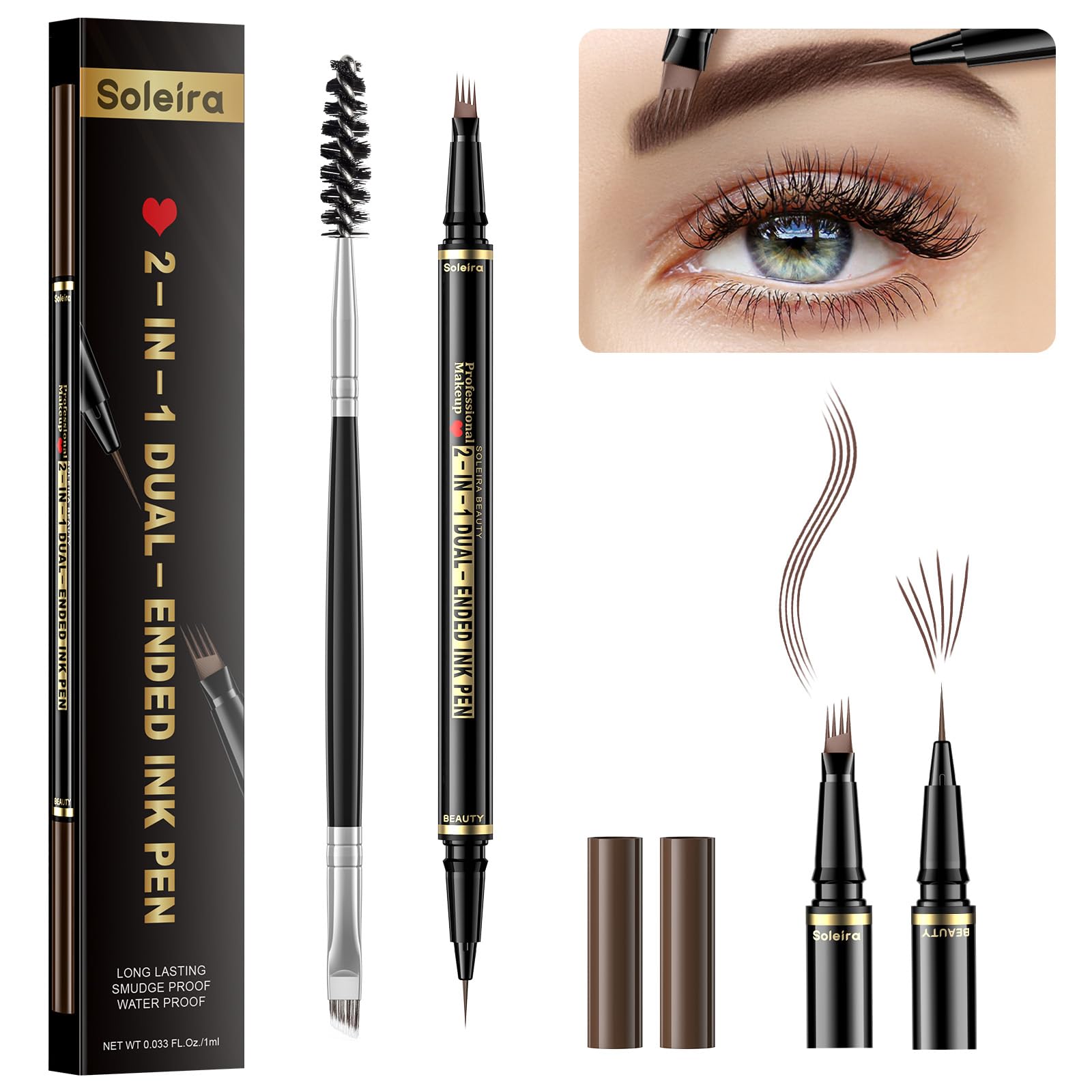 Eyebrow Pen, Soleira Waterproof Eyebrow Pencil with 4 Tip Microblading Eyebrow Pen and Dual-ended Eyebrow Brush, for Natural-Looking Brows, Long-Lasting, Dark Brown
