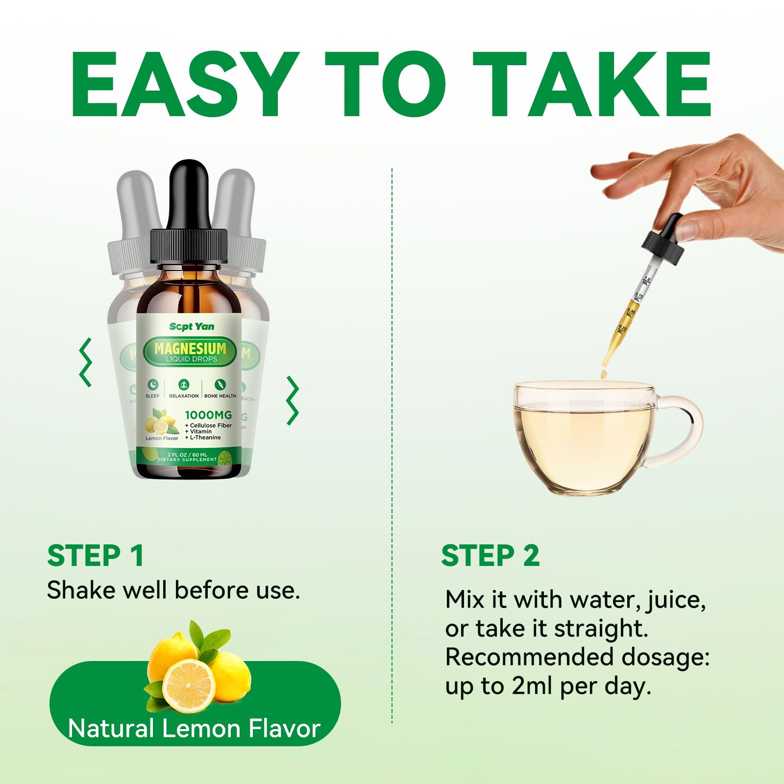 Magnesium Glycinate Liquid Drops, 1000mg Magnesium Glycinate, Citrate & Threonate with Cellulose Fiber, L-Theanine, Vitamin B & C for Sleep, Muscle, Energy & Relaxation, Sugar-Free Lemon Flavor