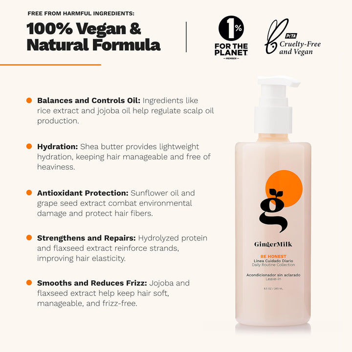 Ginger Milk Leave-in conditioner for all hair types. Frizz Control, Shine-Boosting, Deep Hydration, Lightweight, Vegan, and Sulfate-Free | BE HONEST (4 fl oz.)