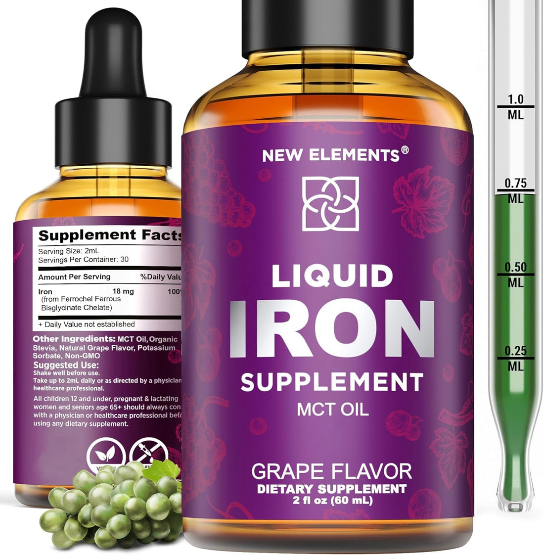 Iron Supplement for Women & Men Free Blood Builder, Iron Vitamin for Anemia | Liquid Iron Drops for Adults with MCT Oil, Natural Grape Flavor, Faster Absorption & Immune Support, 2 Fl Oz
