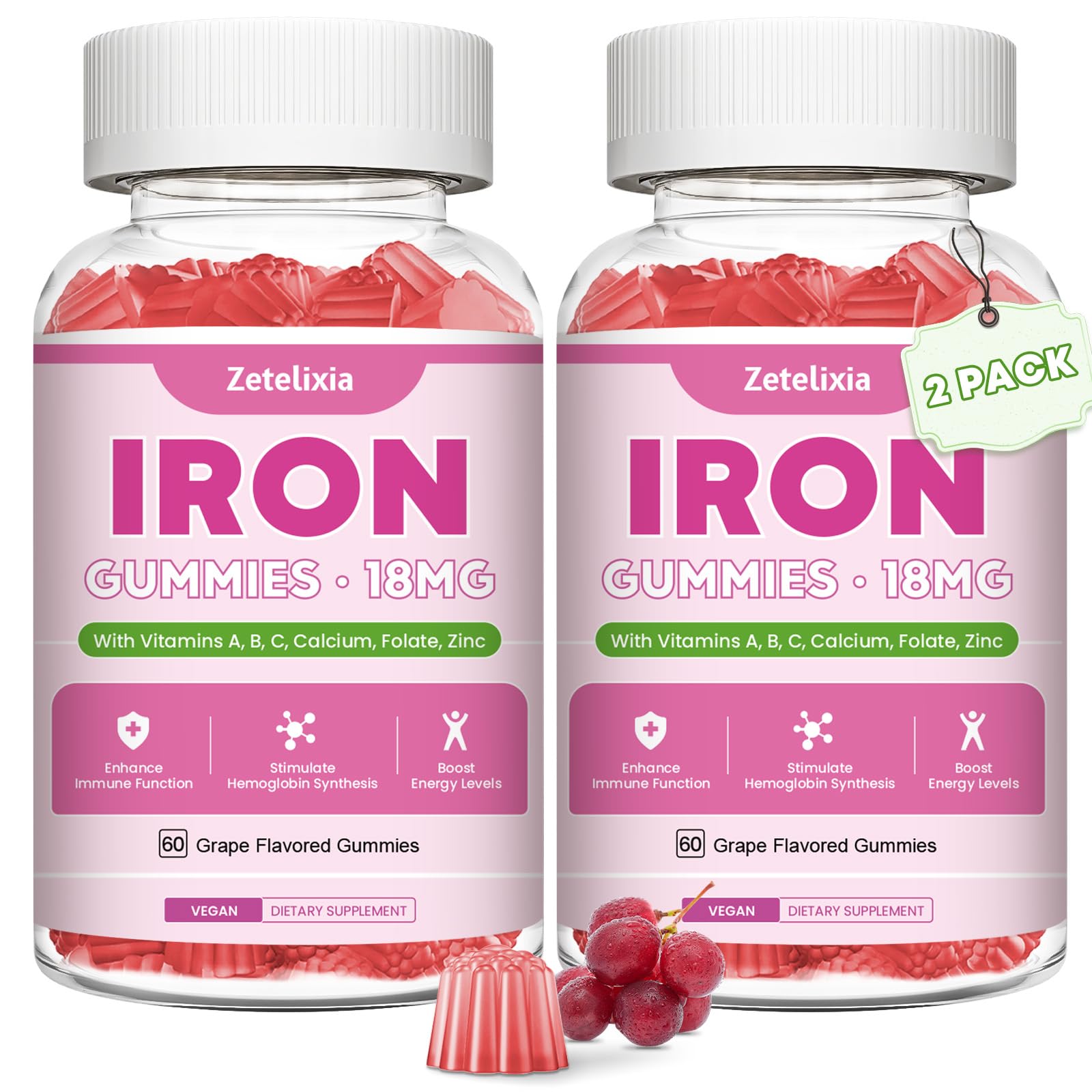 Vegan 2 Pack Iron Supplement Gummies for Women & Men, Anemia, Blood Builder & Energy Support for Iron Deficiency, with Vitamin C, A, B Complex, Folate, Beet Root, CoQ10, Zinc, Sugar Free, 120 Count