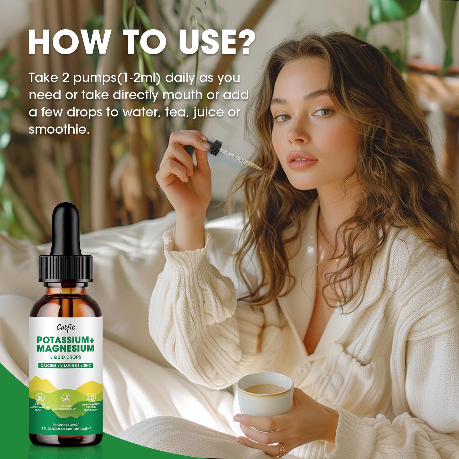 Potassium Magnesium Glycinate Supplement-High Absorption Magnesium Complex Liquid Drop with Calcium, Potassium, Vitamin D3 & Zinc for Sleep,Leg Cramps, Muscles & Energy, Sugar Free&Vegan 2 Fl Oz