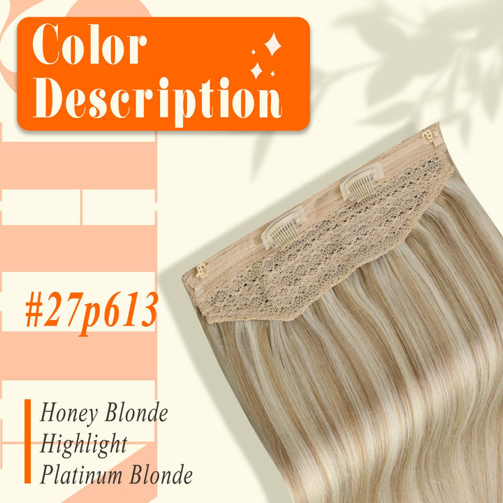 Fshine Hidden Hair Extensions Crown Human Hair Honey Blonde Highlight Bleach Blonde 16 Inch Removable Hair Extensions Secret Crown Invisible Extensions Human Hair for Thin Hair 80Gram One Piece