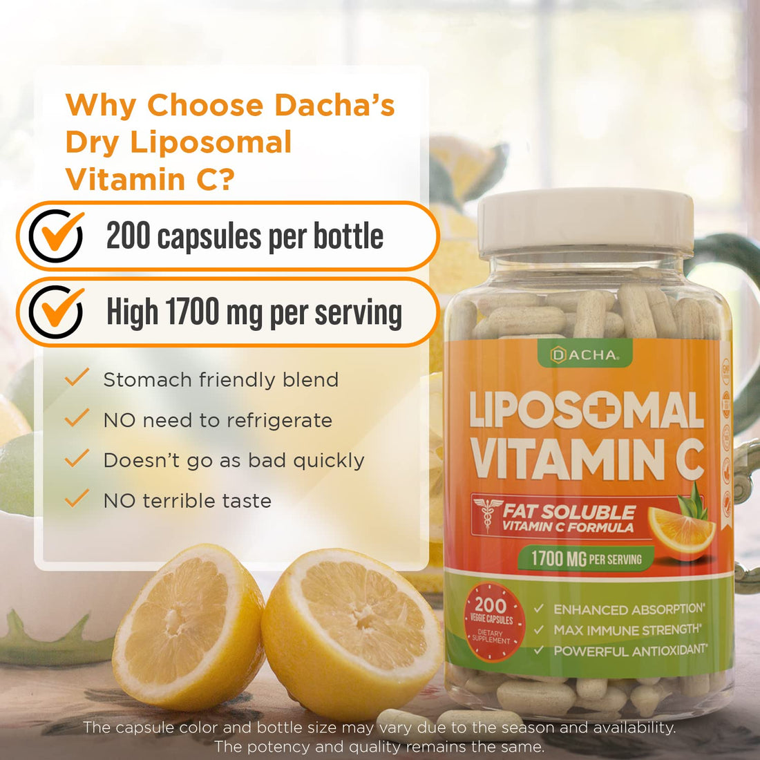 DACHA Natural Liposomal Vitamin C - 1700mg, 200 Capsules, Immune System & Collagen Booster, High Absorption Fat Soluble VIT C, Buffered, Skin Vitamins, Vegeterian, Vegan