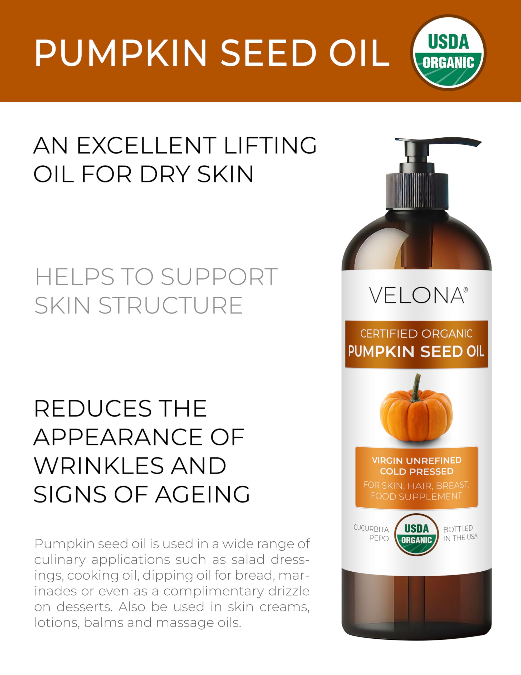 velona Pumpkin Seed Oil USDA Certified Organic - 32 fl oz | 100% Pure and Natural Carrier Oil | Unrefined, Cold Pressed | Cooking, Face, Hair, Body & Skin Care | Use Today - Enjoy Result
