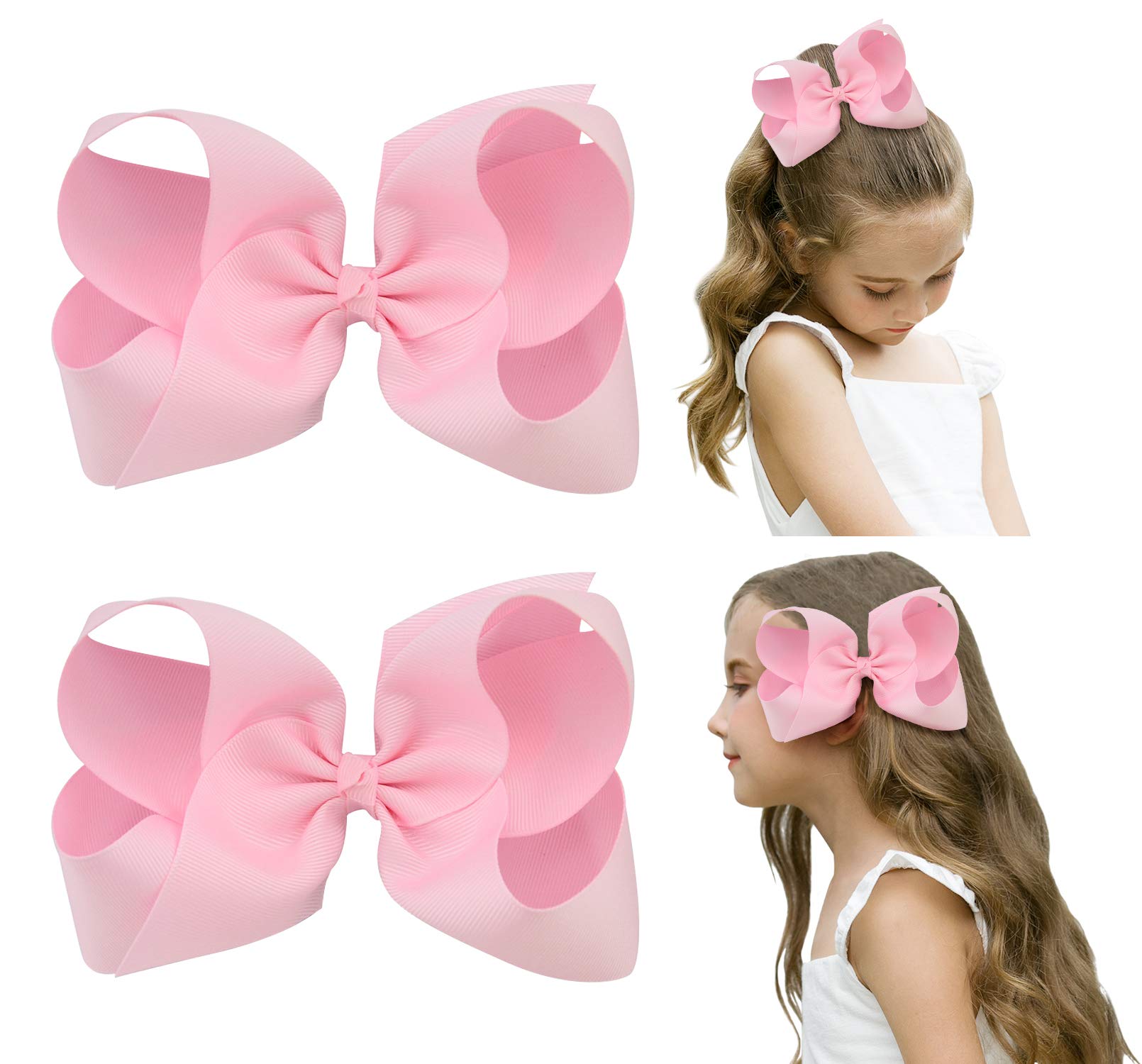 DEEKA 2 PCS 6 Big Hand-made Grosgrain Ribbon Solid Color Hair Bows Alligator Clips Hair Accessories for Little Teen Toddler Girls Kids Set of 2 -Light Pink