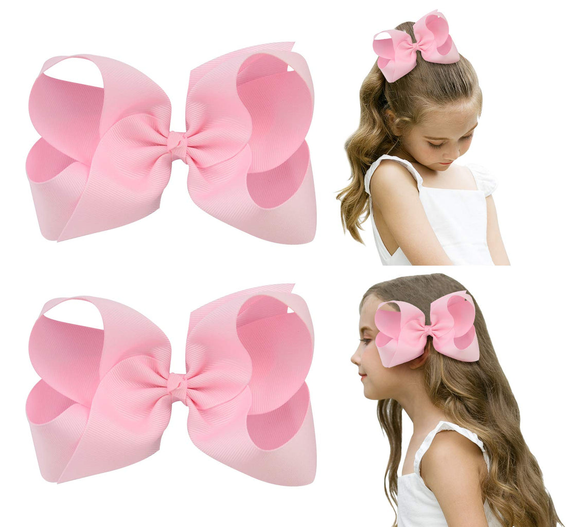 DEEKA 2 PCS 6 Big Hand-made Grosgrain Ribbon Solid Color Hair Bows Alligator Clips Hair Accessories for Little Teen Toddler Girls Kids Set of 2 -Light Pink