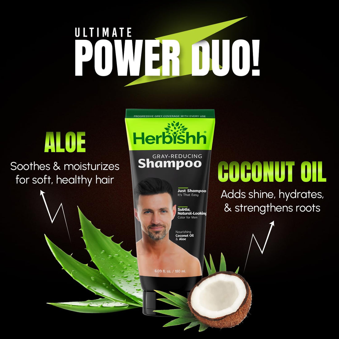 Herbishh Gray Reducing Shampoo for Men, Hair Darkening & Volume Boost with Every Wash, Cleanses & Revitalizes, Easy At-Home Use, Safe for Light Brown to Black Shades, All Hair Types 6.09 fl.oz