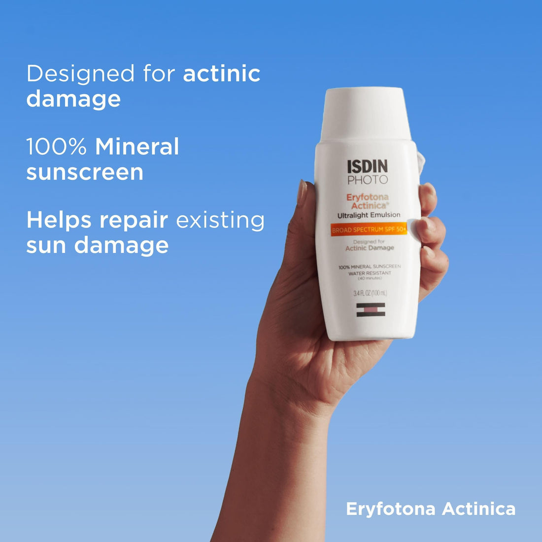ISDIN Eryfotona Actinica Zinc Oxide and 100% Mineral Sunscreen Broad Spectrum SPF 50+, No White Cast, Suitable for Sensitive Skin, 3.4 Fl Oz