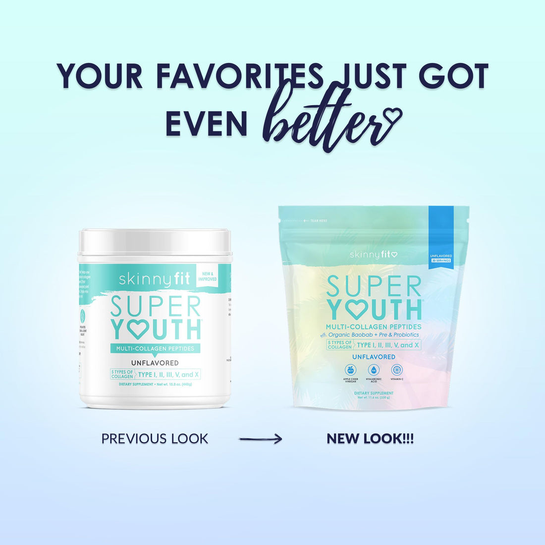 SkinnyFit Super Youth Unflavored Multi-Collagen Peptides + Probiotics, Baobab Fiber, Apple Cider Vinegar, Hyaluronic Acid, & Vitamin C, Skin, Hair, Joint & Metabolism Support, 30 Servings