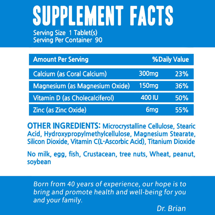 Dr. Brian Calcium Supplement Supports Bone Strength, Calcium Magnesium Zinc with Vitamin D3 & Multiminerals Help Teeth Health, Magnesium Supplement, Non-GMO, Soy and Gluten Free (90 Tablets)