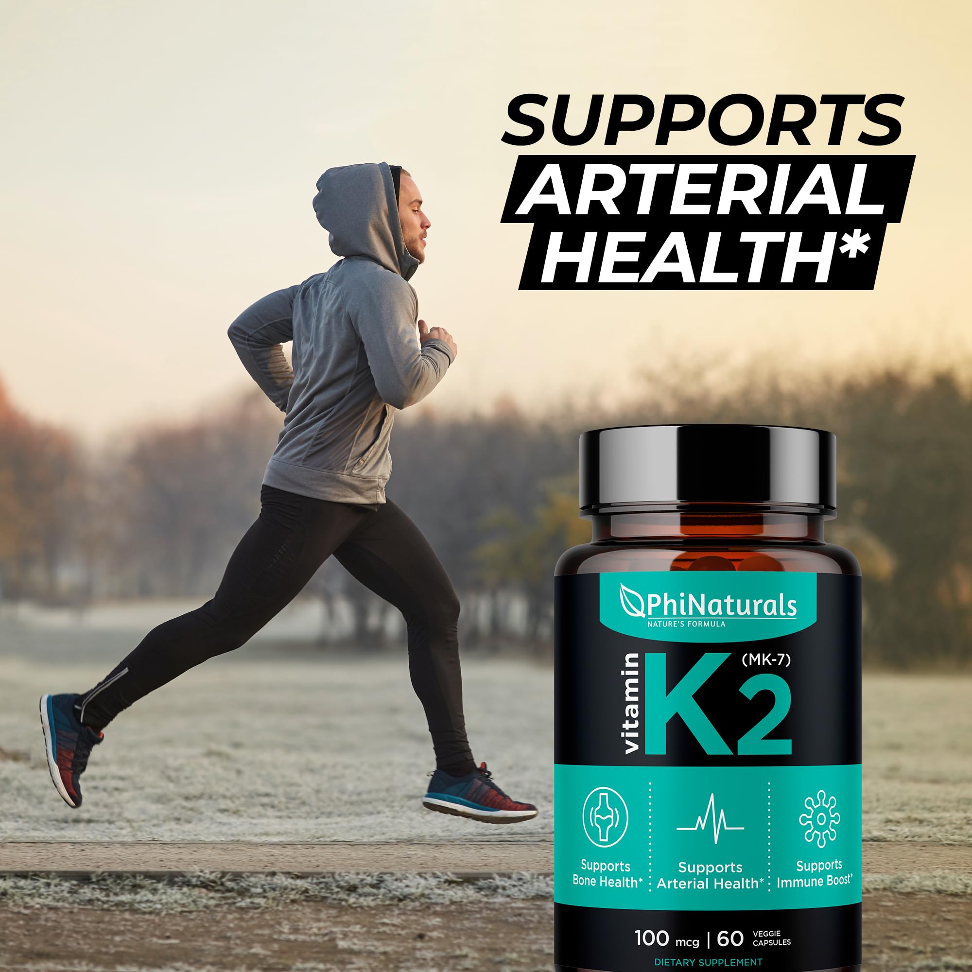 PhiNaturals Vitamin K2 Mk7 100 mcg Vegan 60 Capsules Bone Health Heart Cardiovascular Arteries - VIT k-2 MK-7 100mcg Supplement from Natto