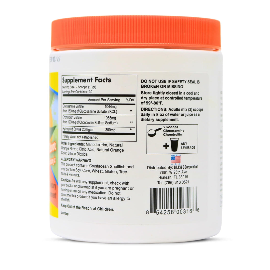 Arymar Glucosamine & Chondroitin 1500mg-1200mg with Collagen, Supports Joint Health, Orange Flavor
