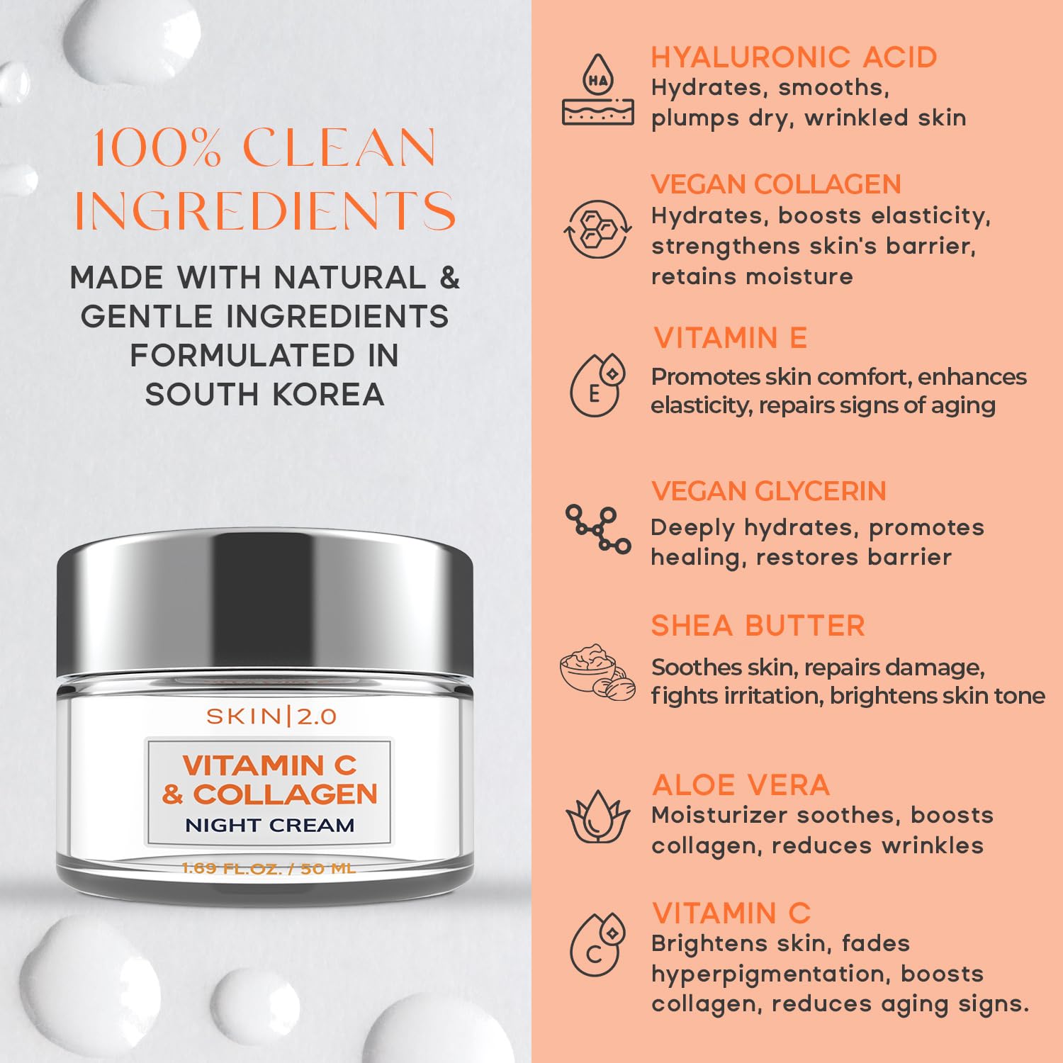 Skin 2.0 Korean Vitamin C & Collagen Face Moisturizer - Dermatologist Tested, Tightening- Anti-Aging, Clean Beauty, Cruelty-Free Skincare - All Skin Types - 1.69 oz