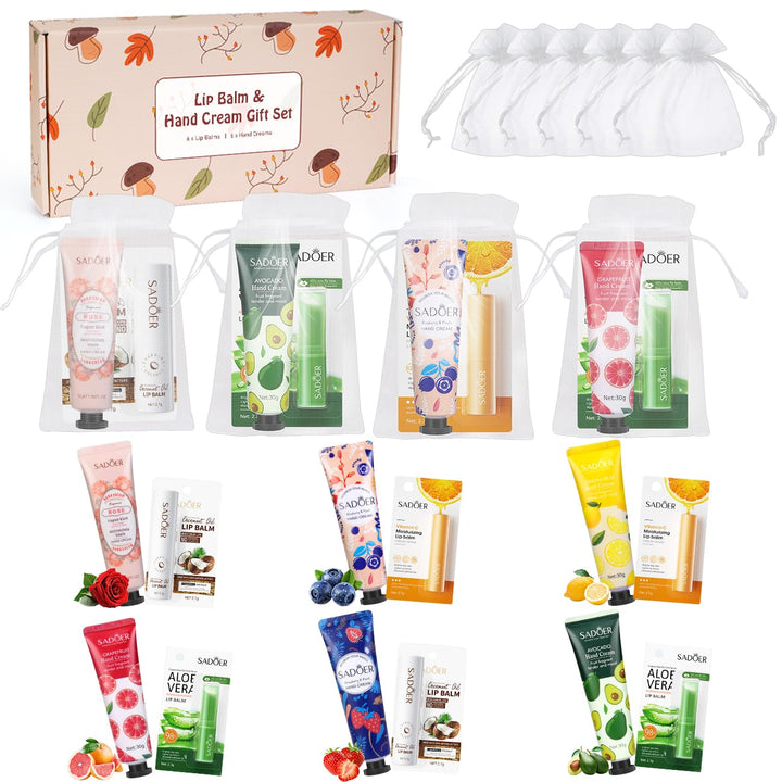 Lip Balm And Hand Cream Gift Set For Women,6 Natural Lip Balm Bulk + 6 Organza Bags + 6 Hand Lotion For Women, Christmas Gifts Stocking Stuffers Teacher Appreciation Mothers Day Gifts Thank You Gifts